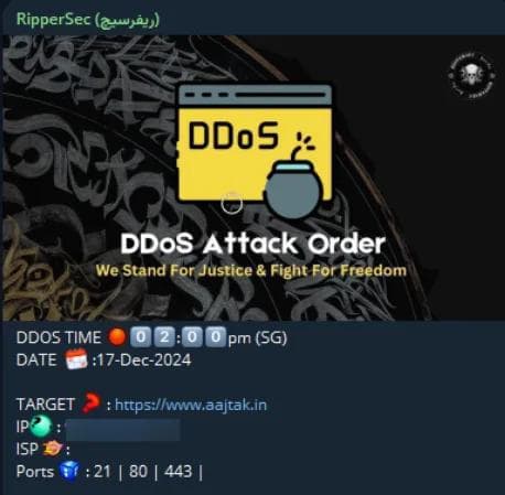 Pro-Palestinian Hacktivist Group RipperSec Targets Aaj Tak in DDoS Attack